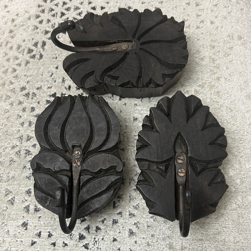 Carved Wooden Hooks / Set of 3 / Antique Style Wood Block Stamp Wall Hooks